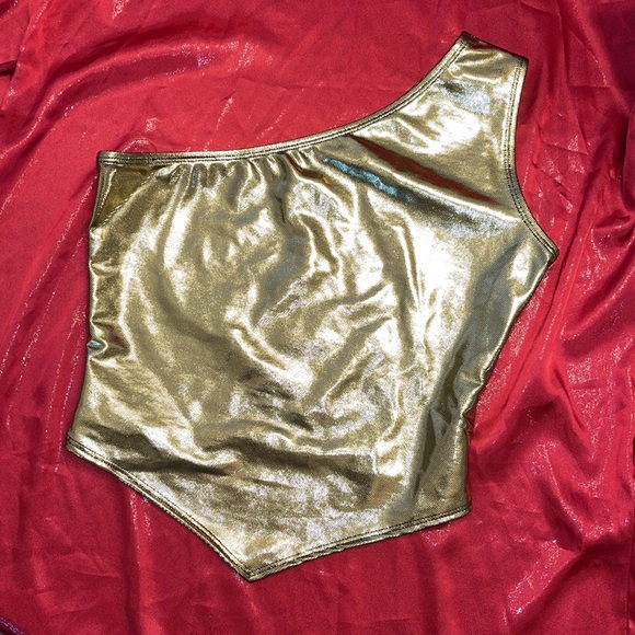 Dolls Kill Tops - Gold, one shoulder crop top small lame Y2K